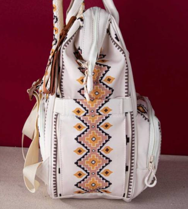 Sugar Beez Boutique - Wrangler Aztec Multi Function Backpack diaper bag: White