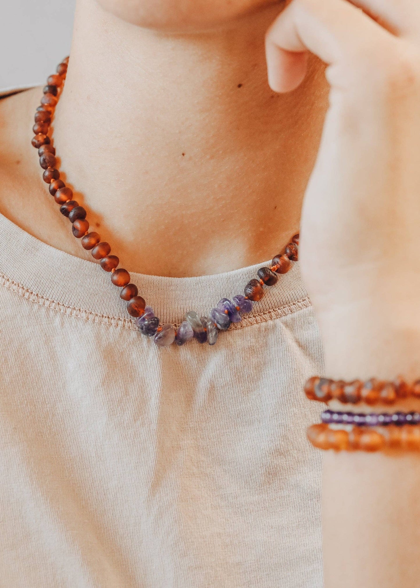 Raw Cognac Amber + Raw Amethyst Necklace: 12" Baby || Child Necklace