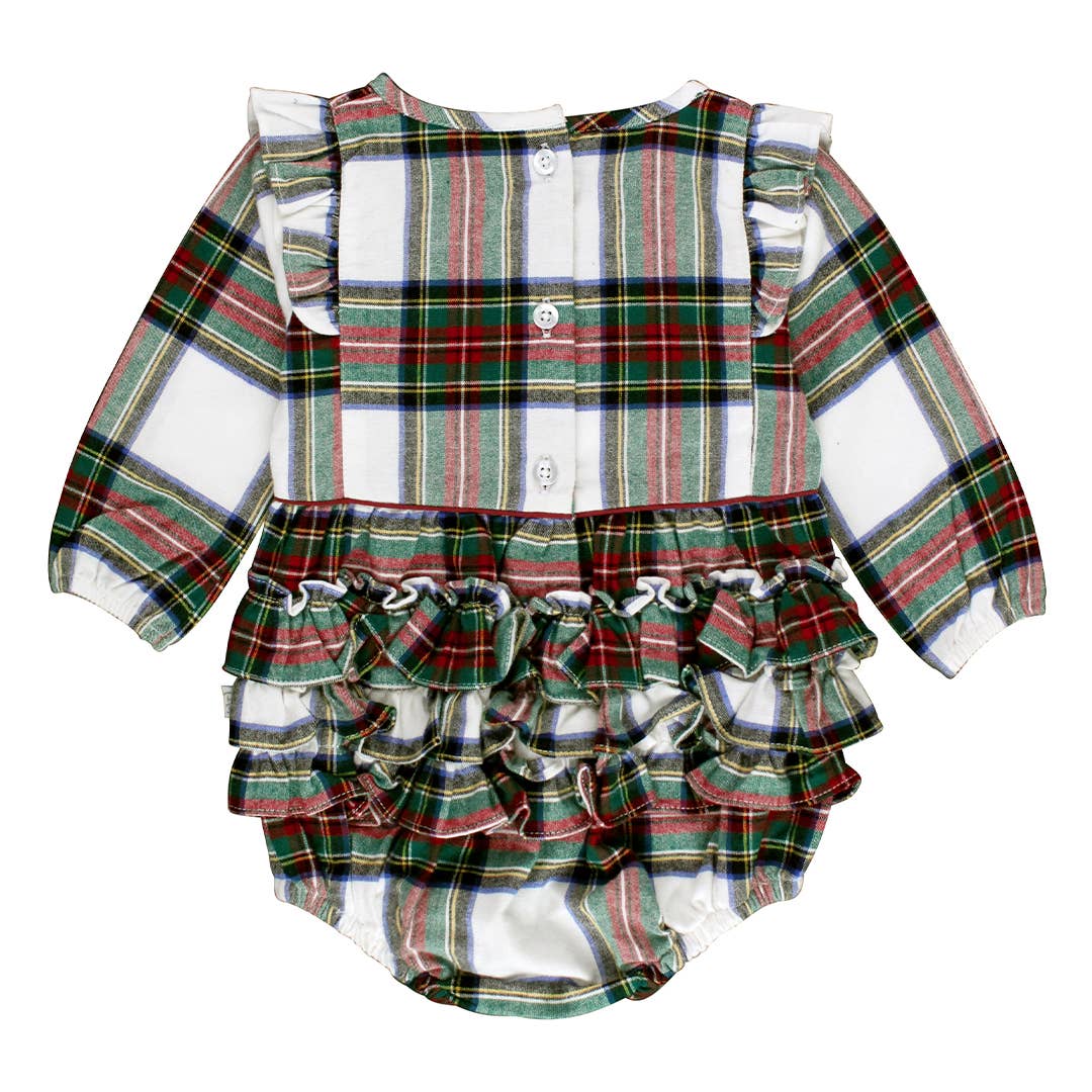 Good Tidings Plaid Long Sleeve Ruffle Trim Bubble Romper