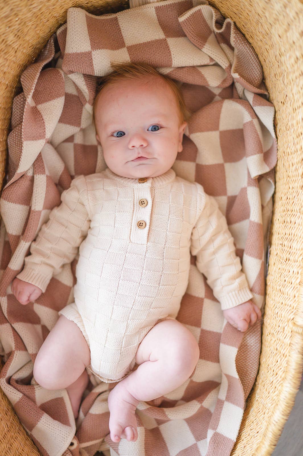 Knitted Baby Blanket - Neutral Checkered