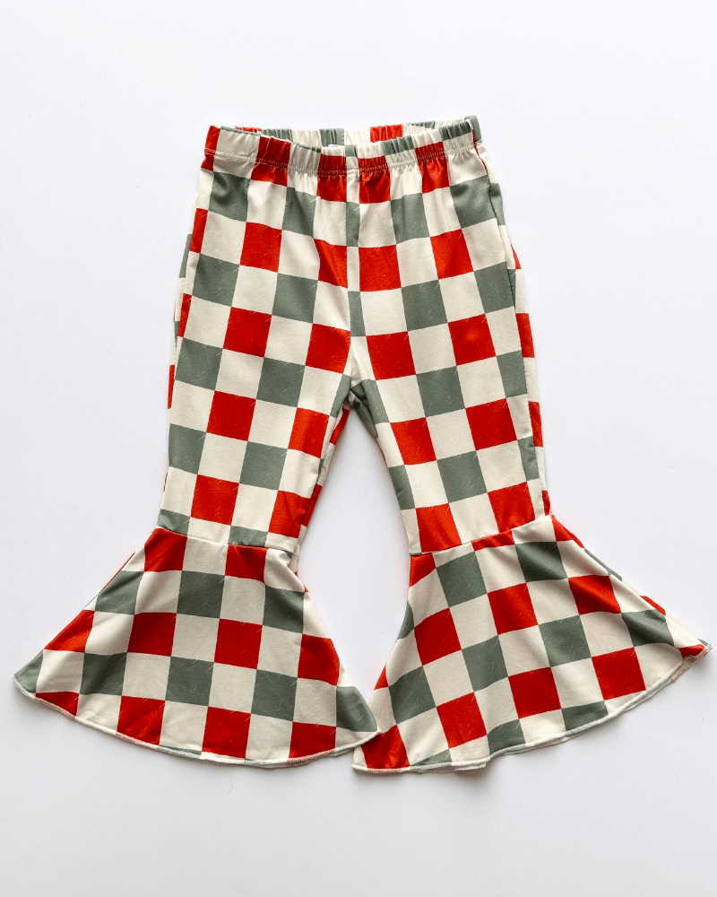 Lina Pleated Bell Bottoms - Red & Green Checker