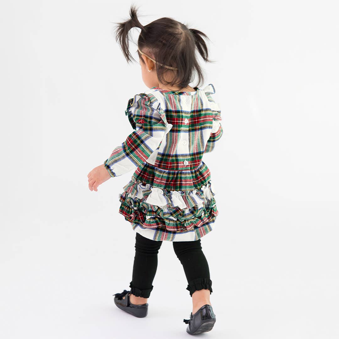 Good Tidings Plaid Long Sleeve Ruffle Trim Bubble Romper