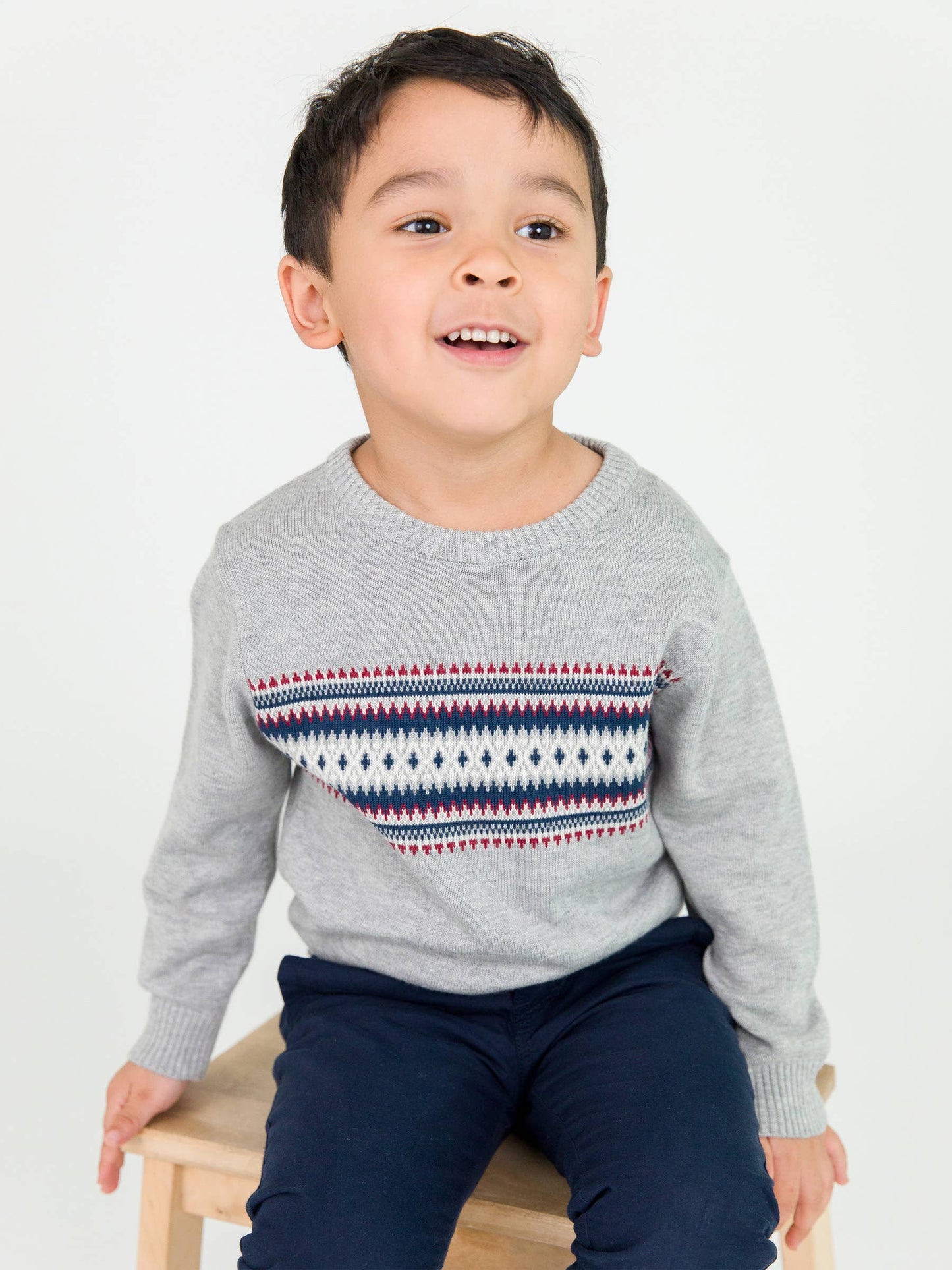 Boys Cozy Fair Isle Knit Crew Neck Sweater: Off-White