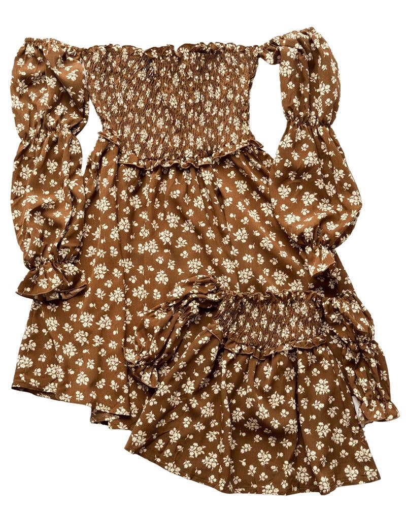 Calliope Puff Sleeve Off Shoulder Dress - Brown Floral