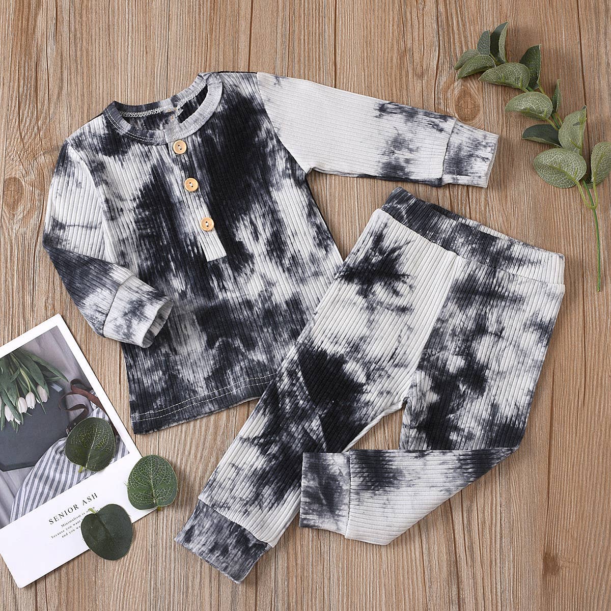 Ribbed 2pcs Tie Dyed Long-sleeve Baby Set