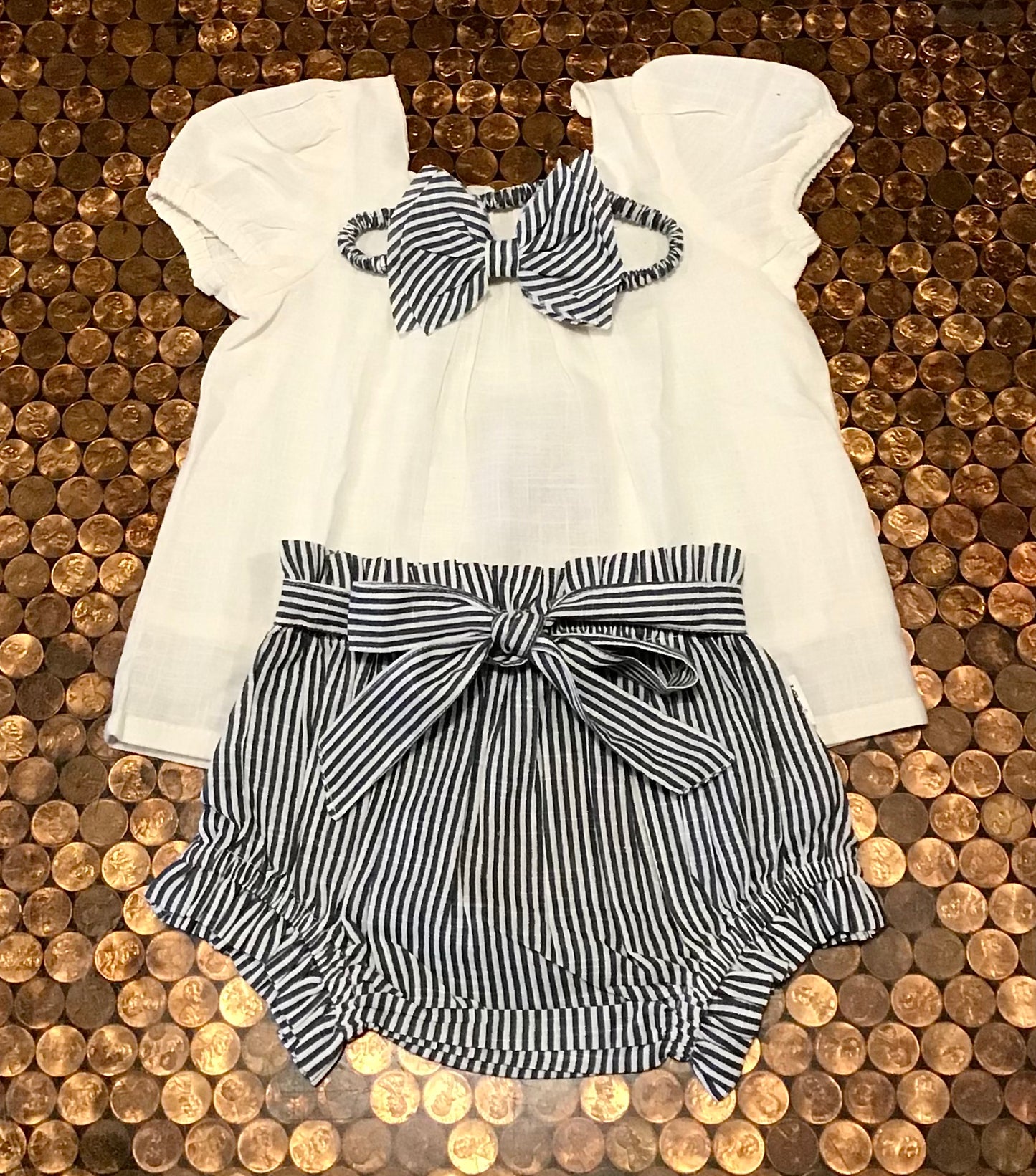 Ivory Top w/ Navy Striped Bloomers and Matching Headband Set