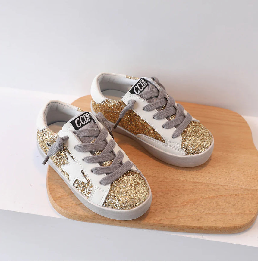 Gold Glitter with White Star Sneakers