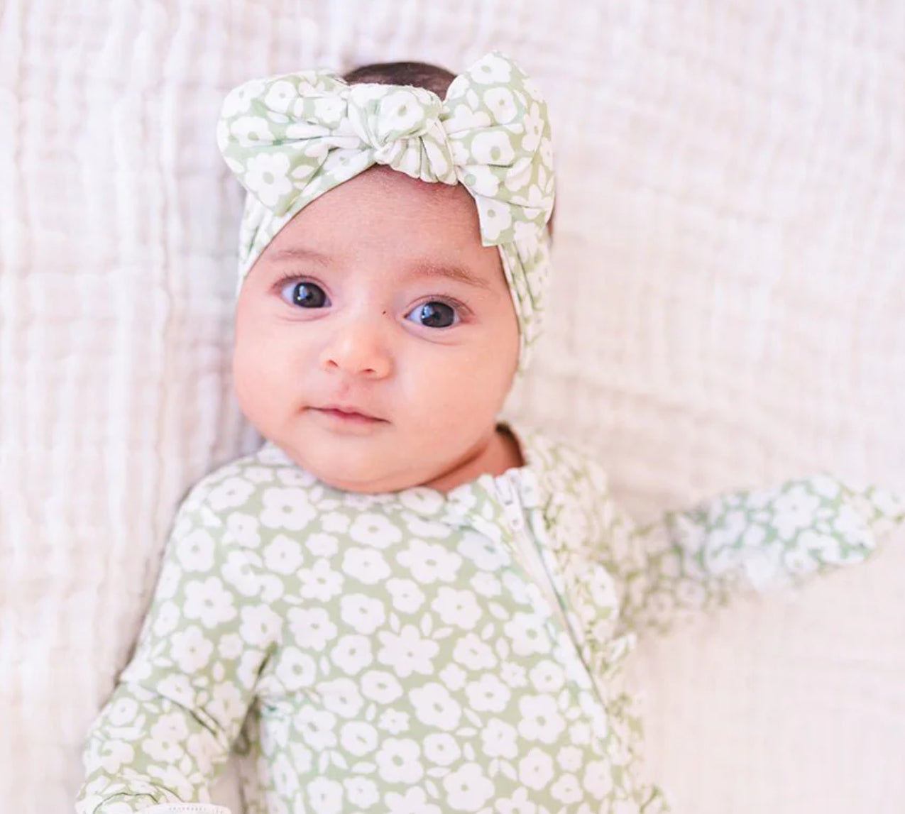 Sage Ditsy Floral Knotted Baby Gown and Bow Headband