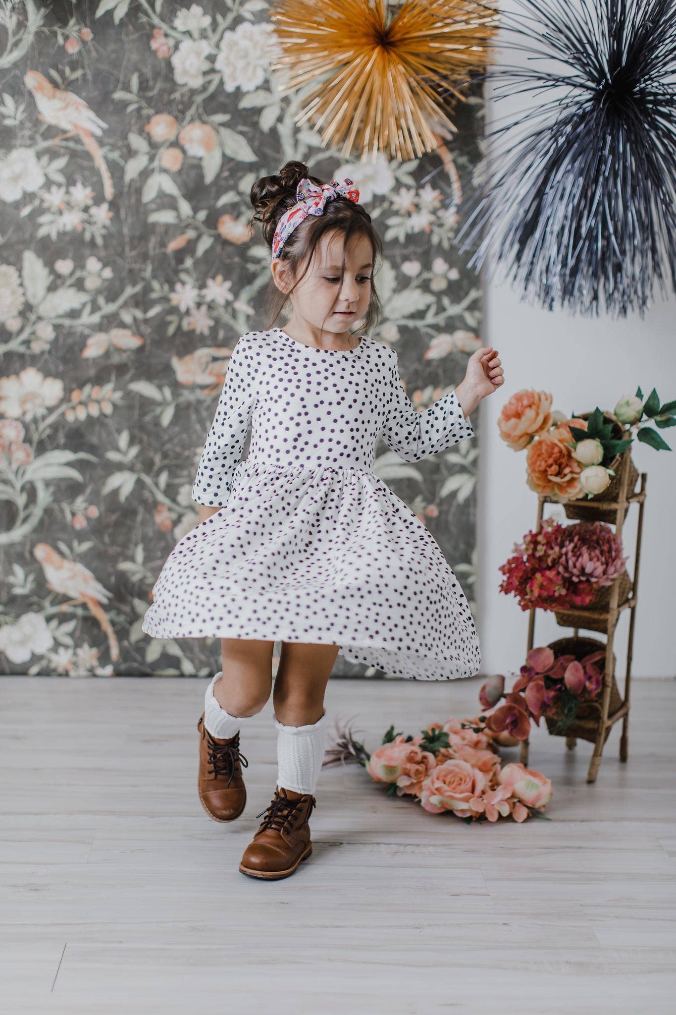 Scattered Dot 3/4 Sleeve Twirl Dress