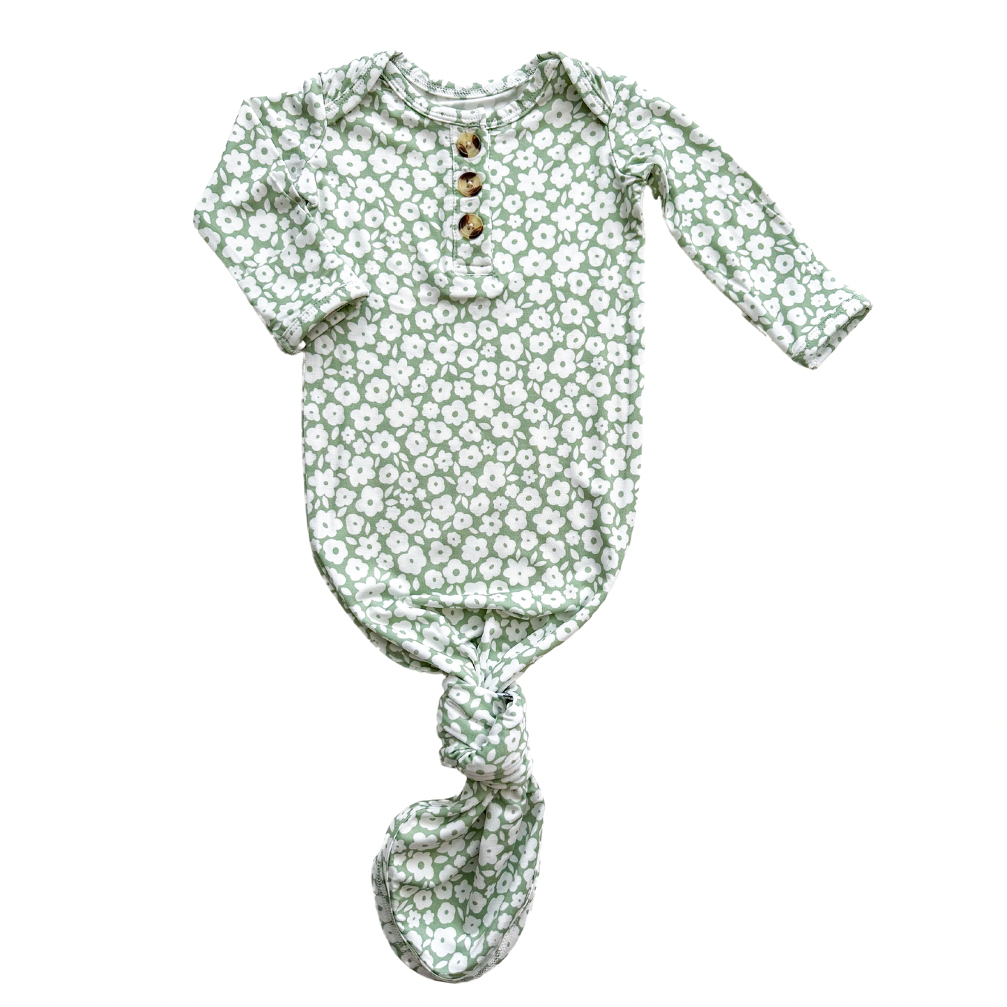 Sage Ditsy Floral Knotted Baby Gown and Bow Headband