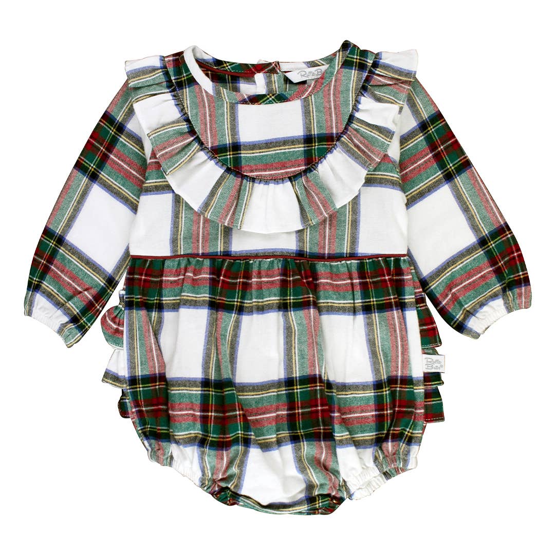 Good Tidings Plaid Long Sleeve Ruffle Trim Bubble Romper