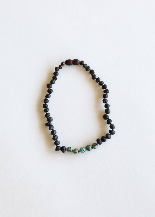 Raw Black Amber + Turquoise Jasper 12” Baby Necklace