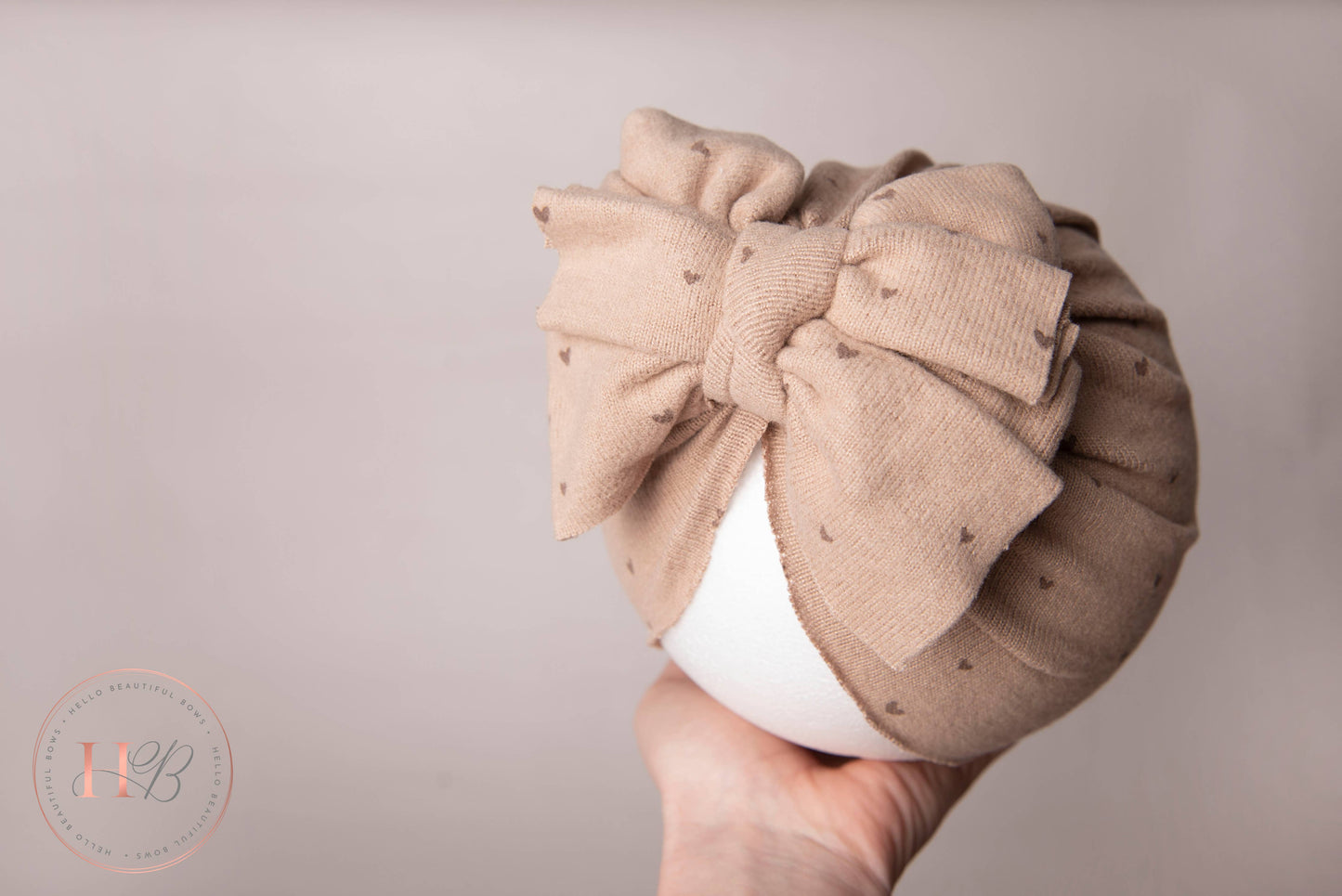 Taupe baby turban with love hearts