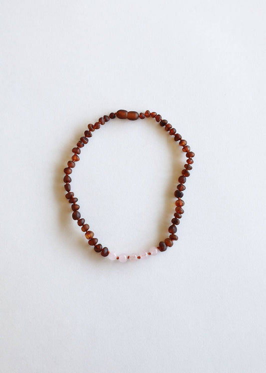 Raw Cognac Amber + Rose Quartz 11” Necklace