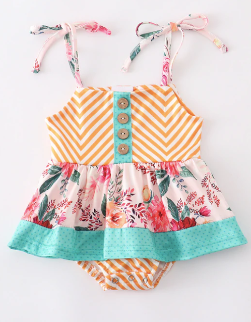 Yellow Chevron Floral Ruffle Baby Romper