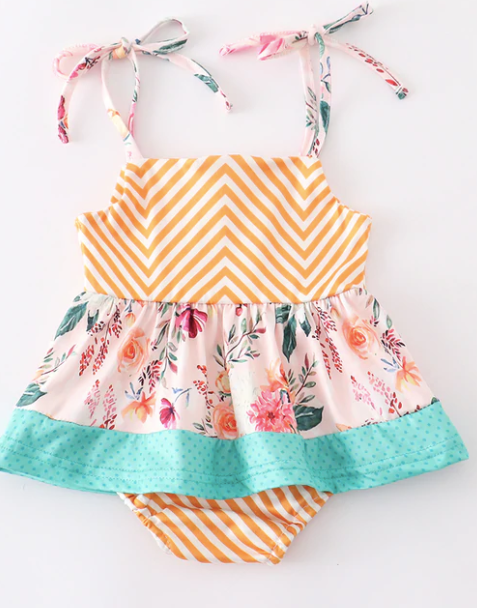 Yellow Chevron Floral Ruffle Baby Romper