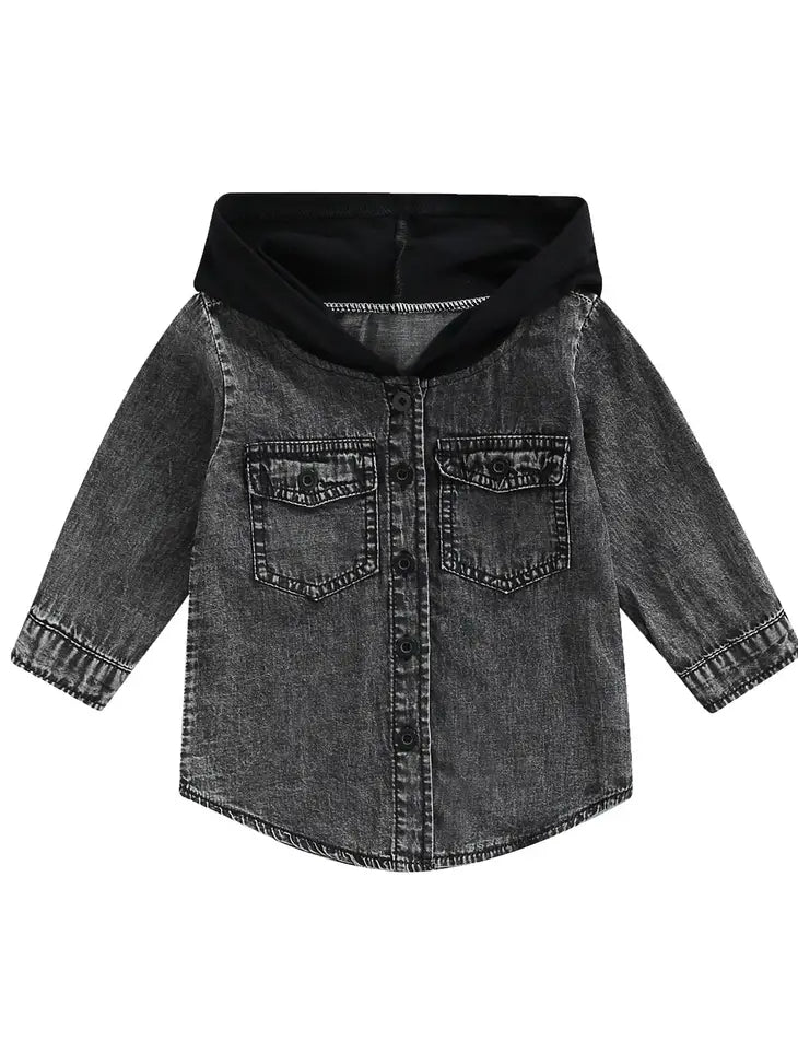 Kids Hooded Denim Button-up - Black