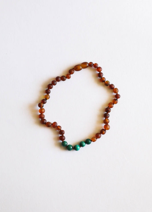 Raw Cognac Amber + Malachite || Necklace