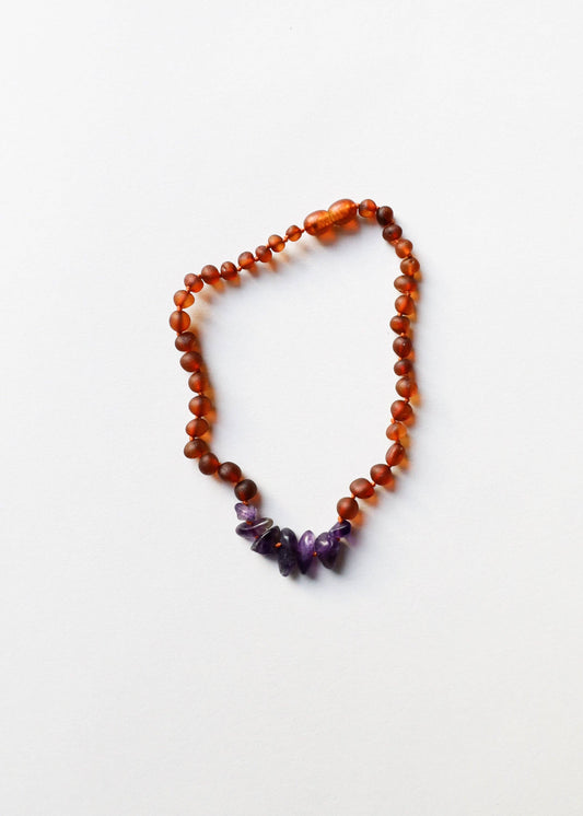 Raw Cognac Amber + Raw Amethyst Necklace: 12" Baby || Child Necklace