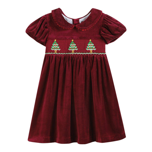 Red Velour Christmas Tree Smocked Dress