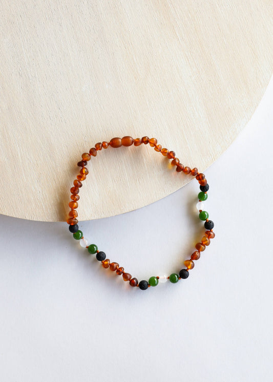 Raw Cognac Amber || Lava + Jade + Agate || Necklace