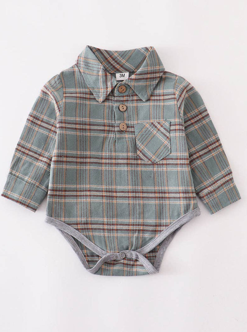 Sage plaid button down romper - 12 M