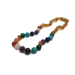 Half Raw Baltic Amber Necklace 11 Rainbow Rose Quartz Amethyst 11"